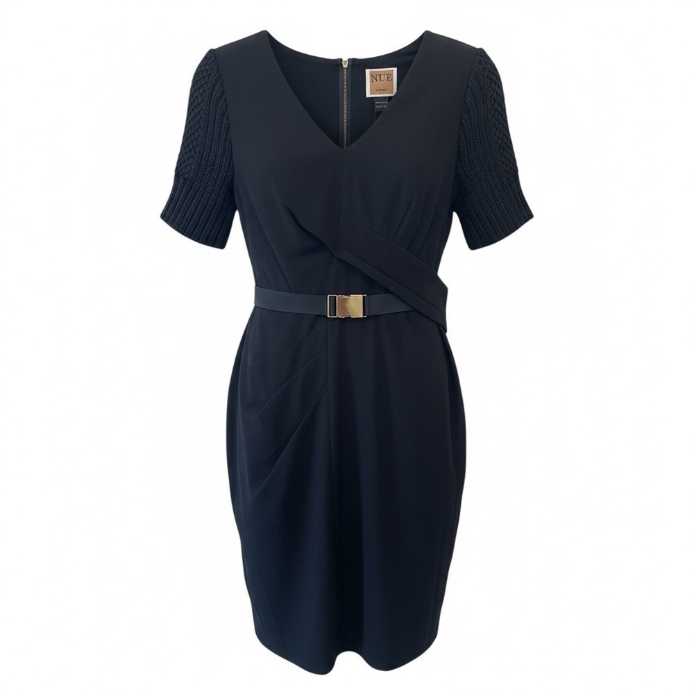 Nue by Shani Women’s Black Knit Sleeve Belted Sheath Dress